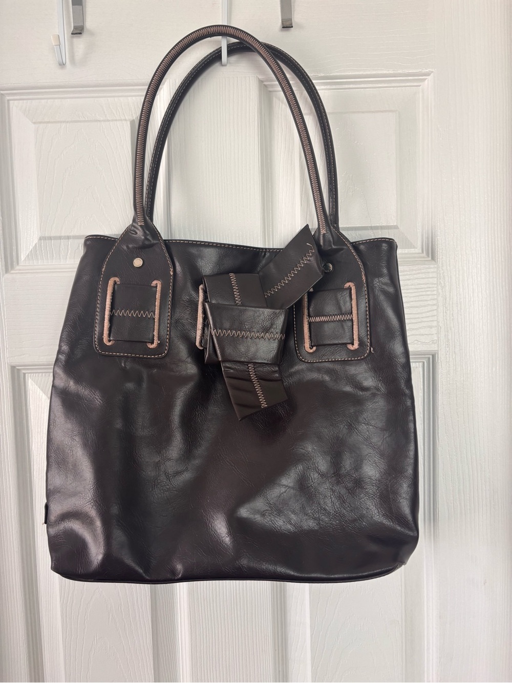 Tommy Hilfiger Dark Brown Leather Tote with Buckle Accent